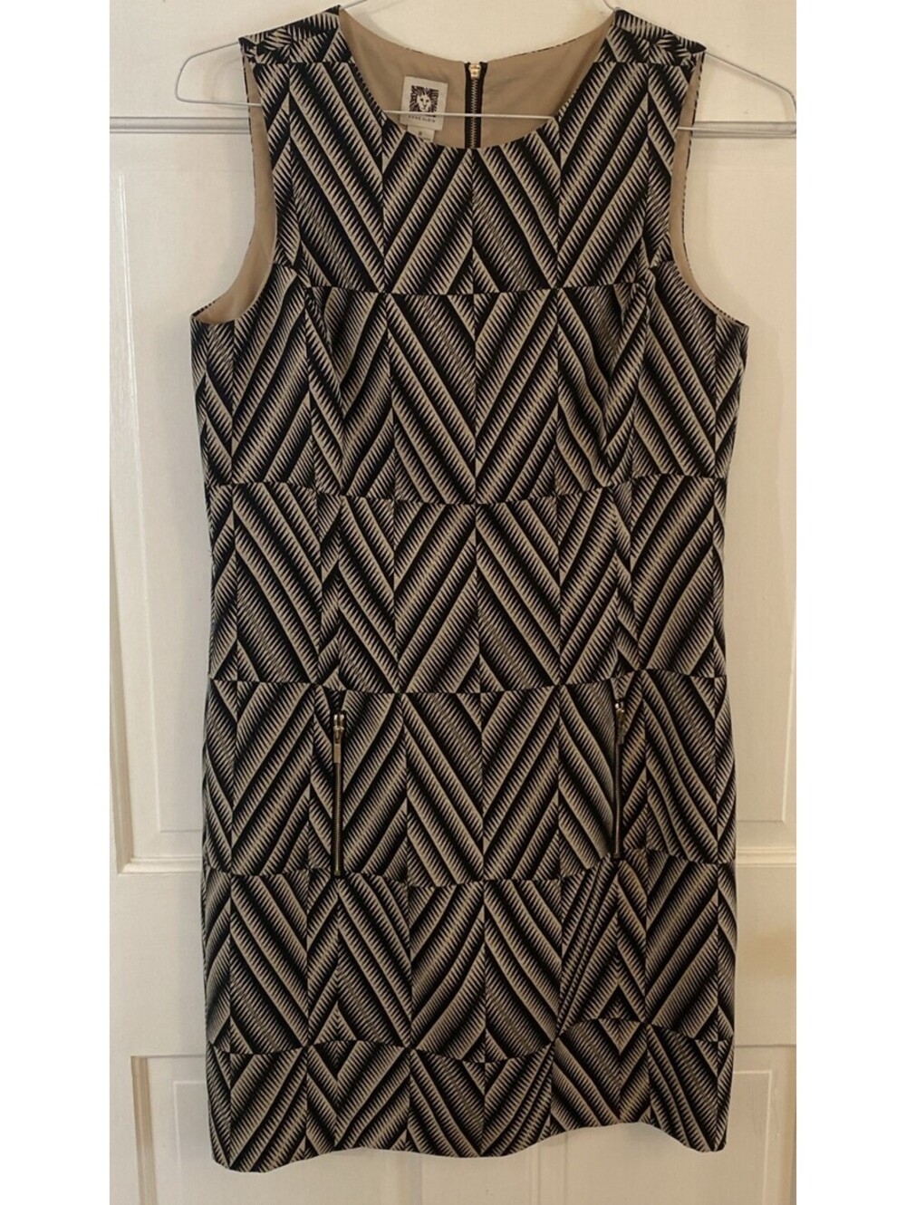 Ann Klein Dress Geometric Black & Taupe Size 8 Gold Accent Zippers Front & Back